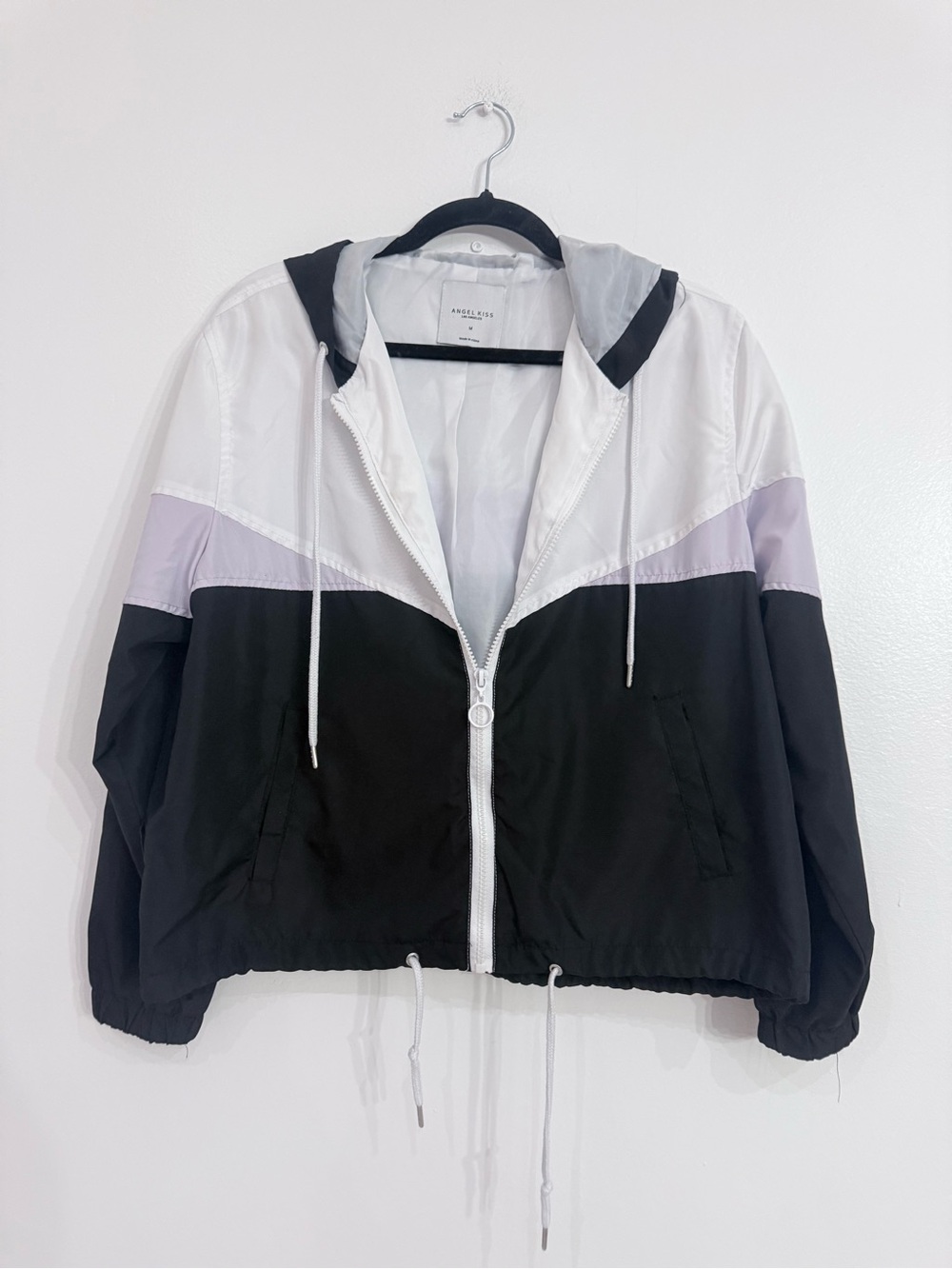 Angel Kiss Colorblock Hooded Bomber Jacket - Black, White & Lavender